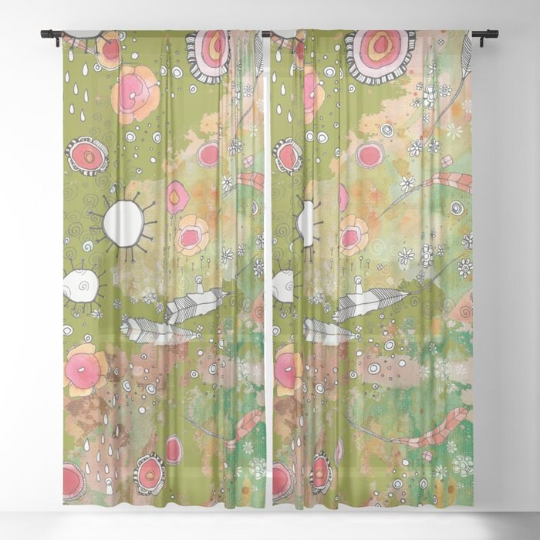 Window Curtains &quot;Feathers, Flowers, Showers in green&quot;