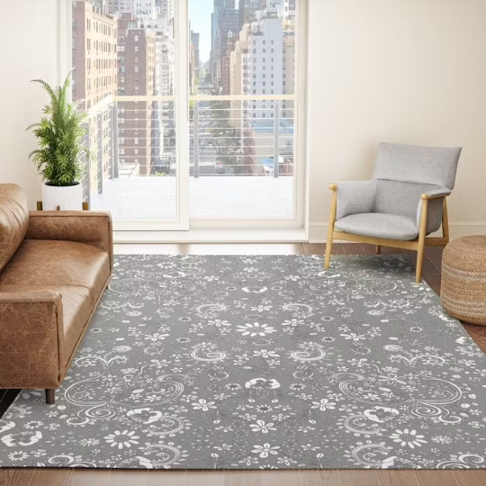 Area Rug &#39;Grey Birds of a Flower&#39;