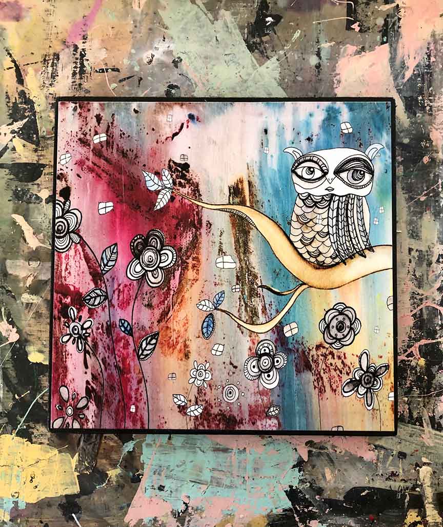 Handmade Wood Block Artist Print 'Surreal Owl I'