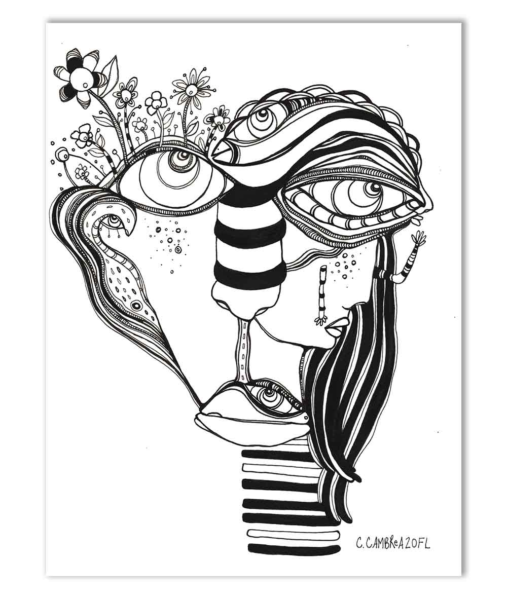 Original Black & White Ink Drawing on Watercolor Paper 'Her Close up'