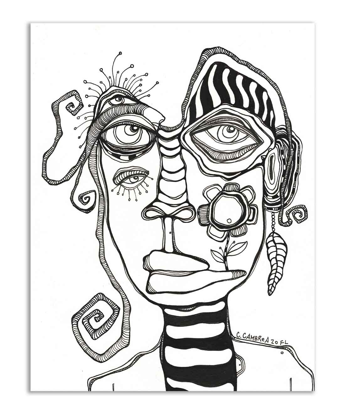 Original Black & White Ink Drawing on Watercolor Paper 'His Close up'