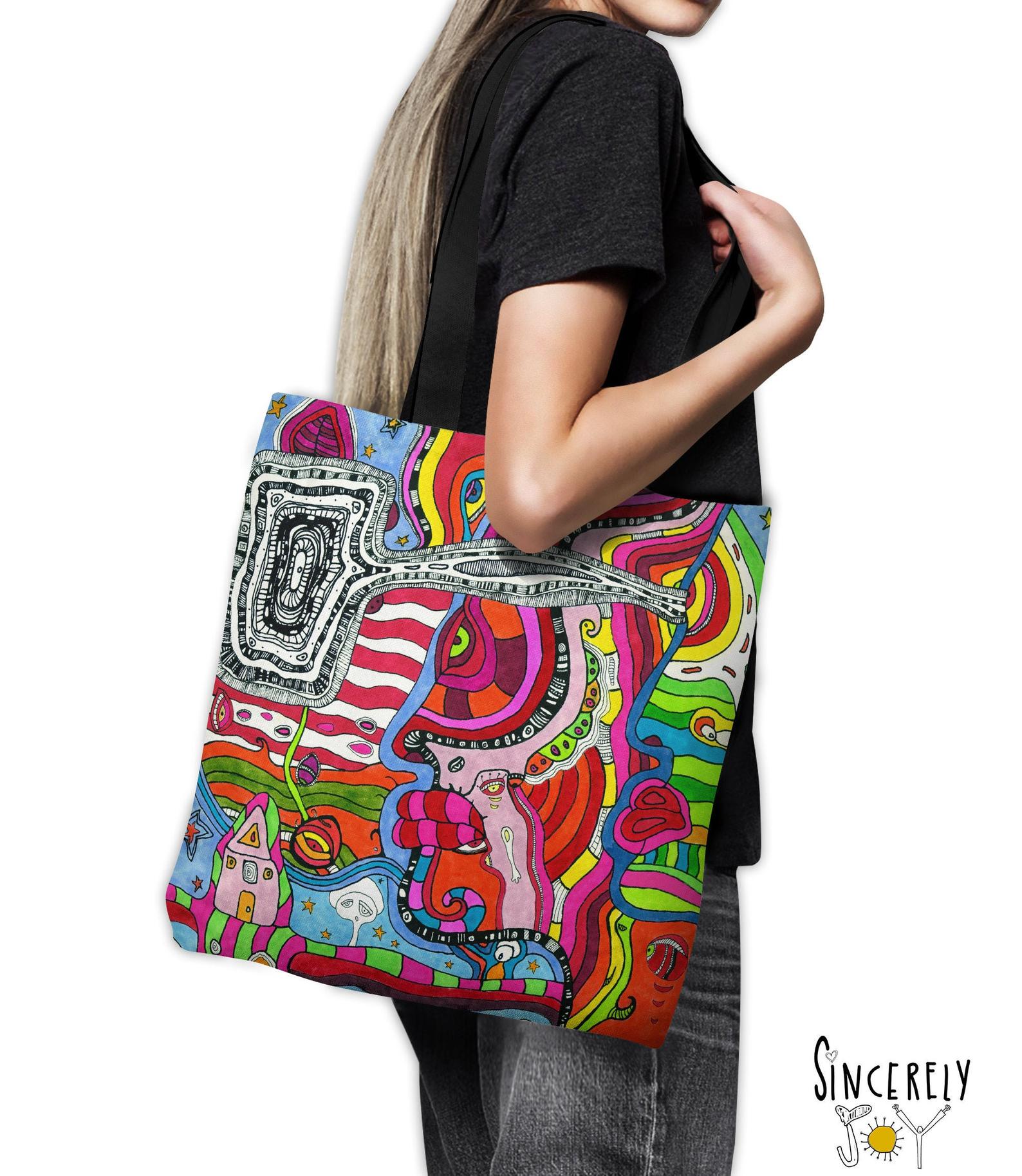 Graffiti Tote Bag Funky Street Art Trippy Reusable Small 