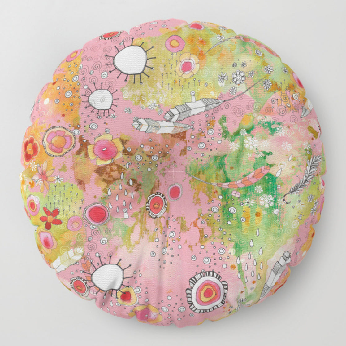 Floor / Meditation Cushion &#39;Feathers, Flowers Showers in pink&#39;