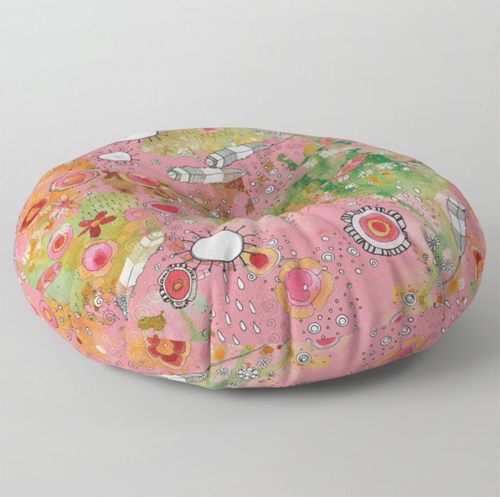 Floor / Meditation Cushion &#39;Feathers, Flowers Showers in pink&#39;