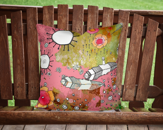 Outdoor Pillow Cushion &quot;Pink Feathers Flowers Showers&quot;