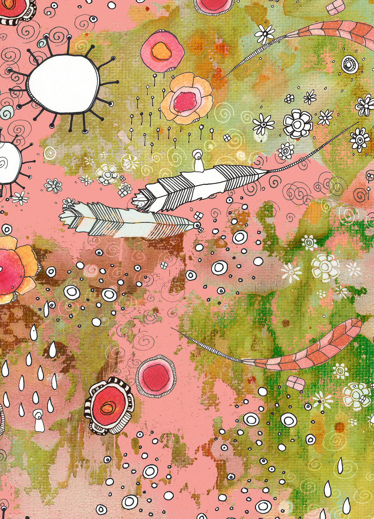 Whimsical Wood Slat Tapestry &quot;Pink Feathers, Flowers, Showers&quot;