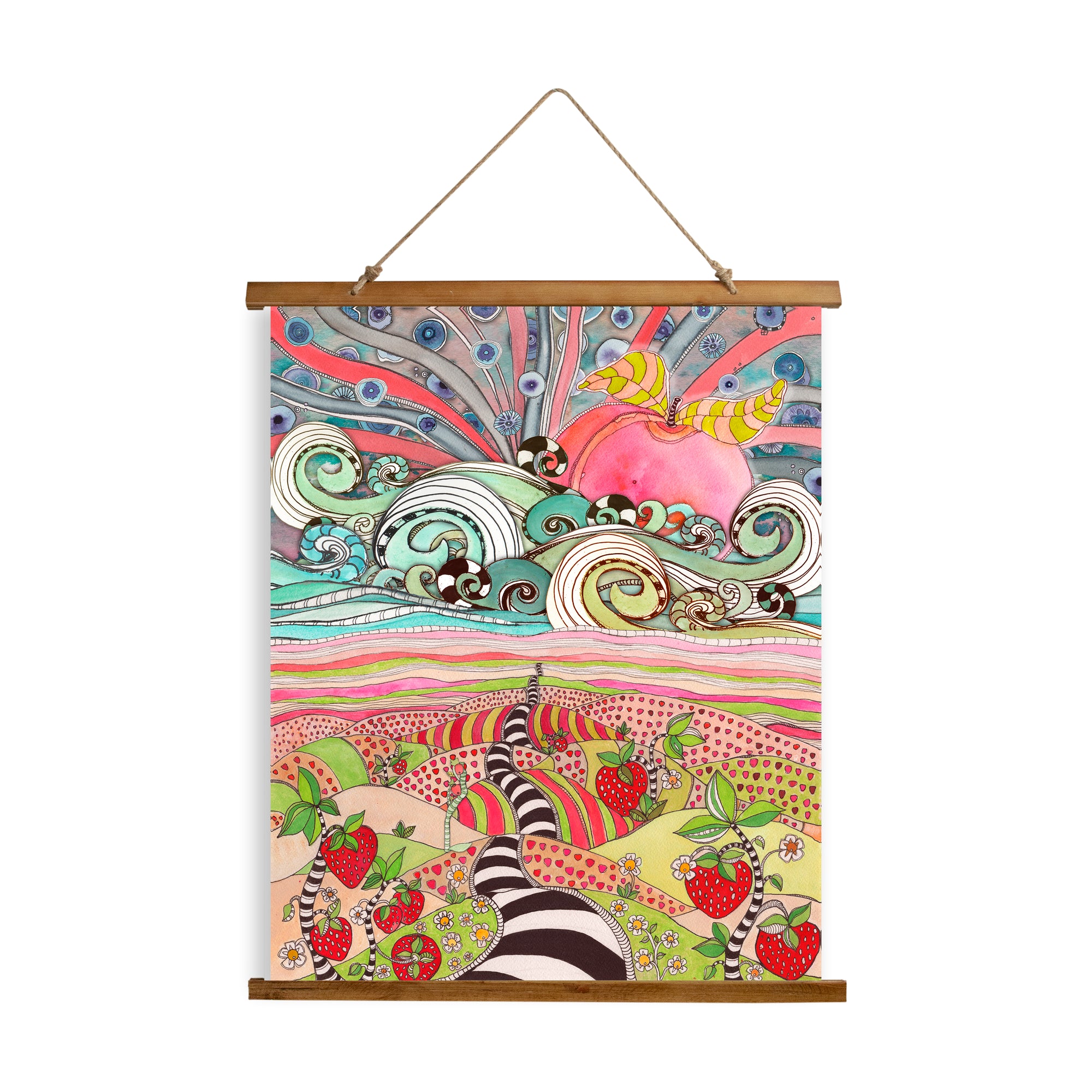 Whimsical Wood Slat Tapestry "Pink Sun Rising"