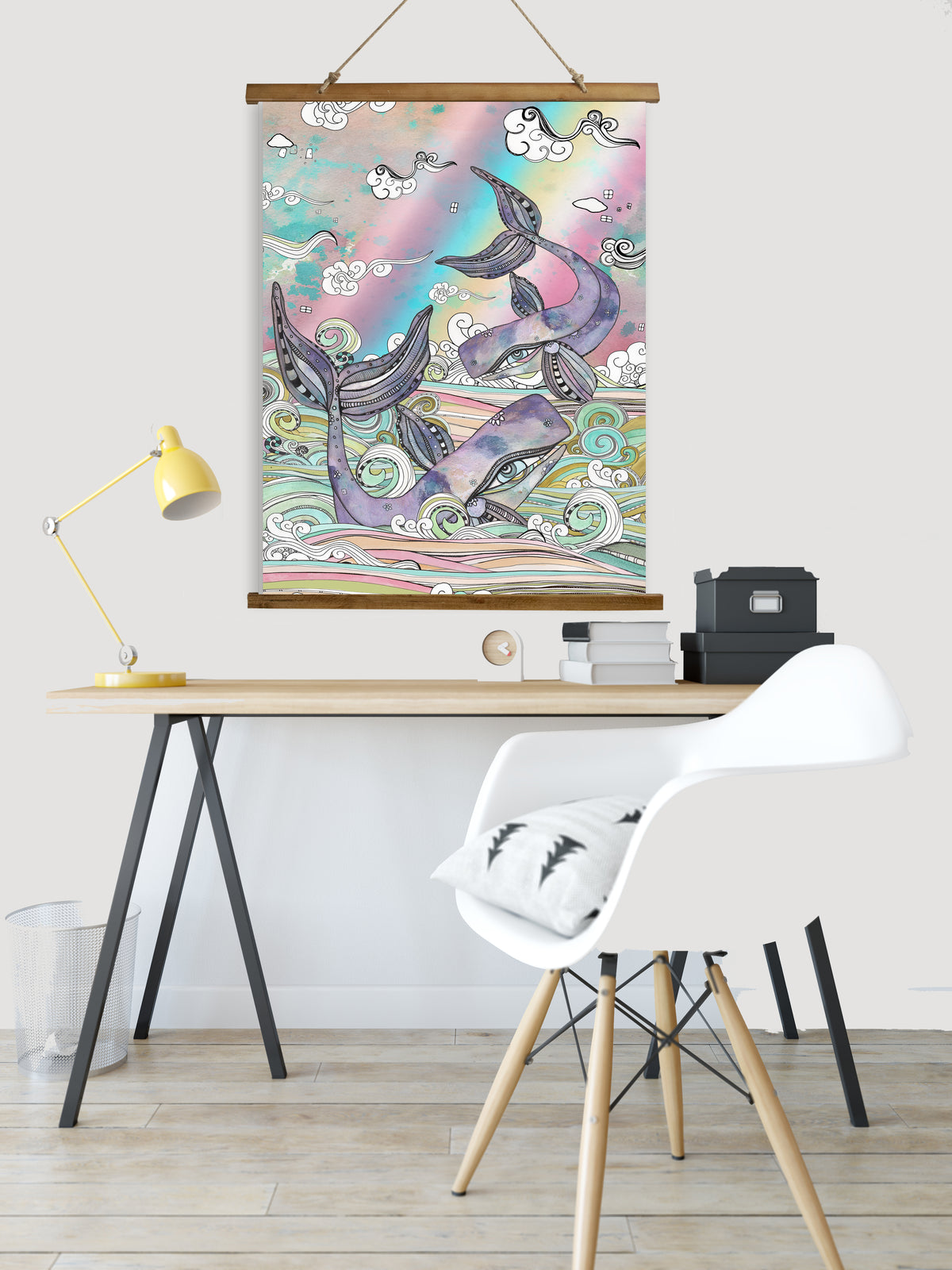 Whimsical Wood Slat Tapestry &quot;Plum Purple Whales&quot;