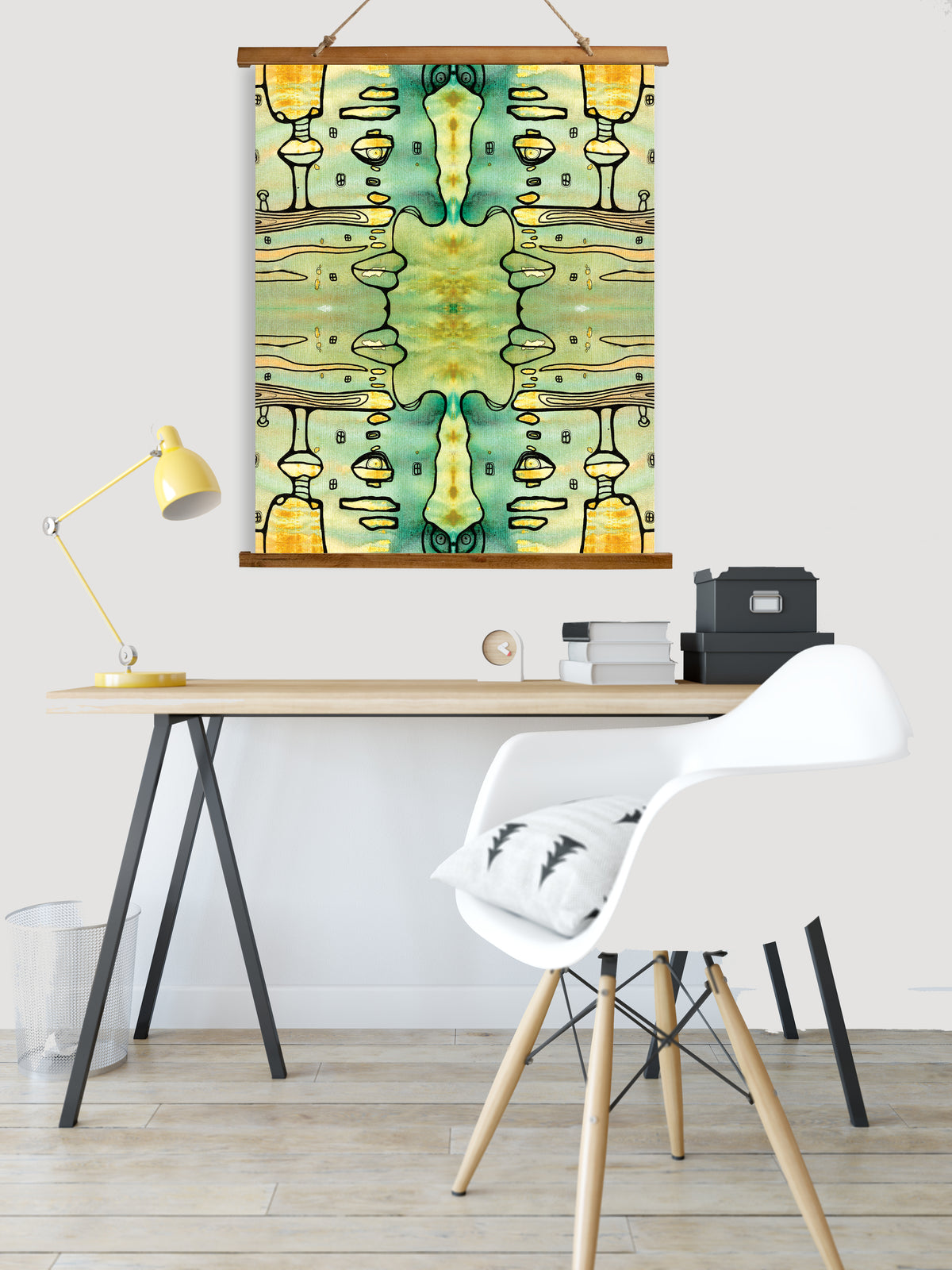 Whimsical Wood Slat Tapestry &quot;Blue Men&quot;