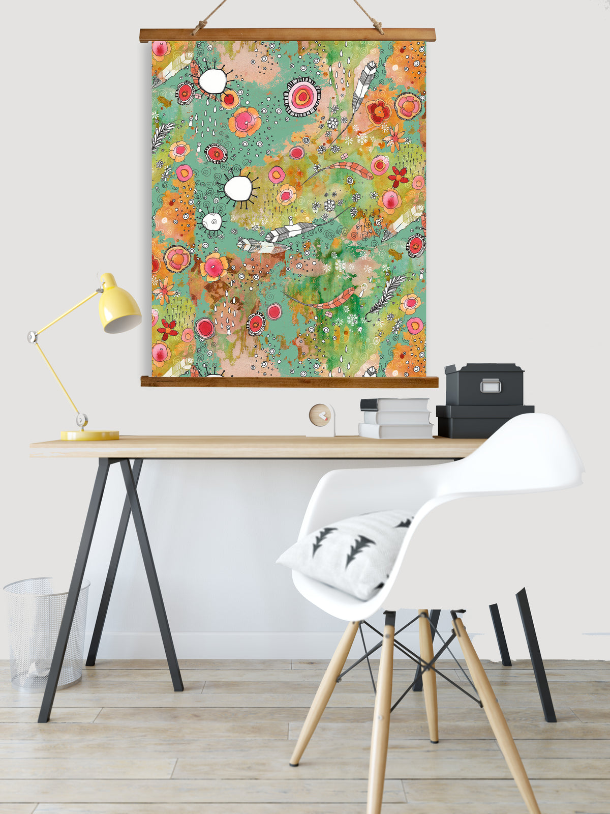 Whimsical Wood Slat Tapestry &quot;Feathers Flowers Showers&quot;