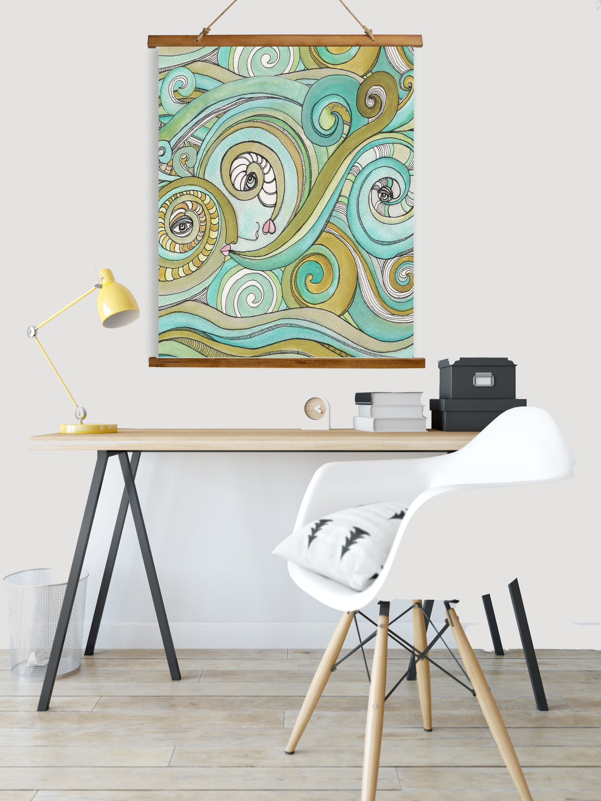 Whimsical Wood Slat Tapestry &quot;Honeydew Ocean&quot;