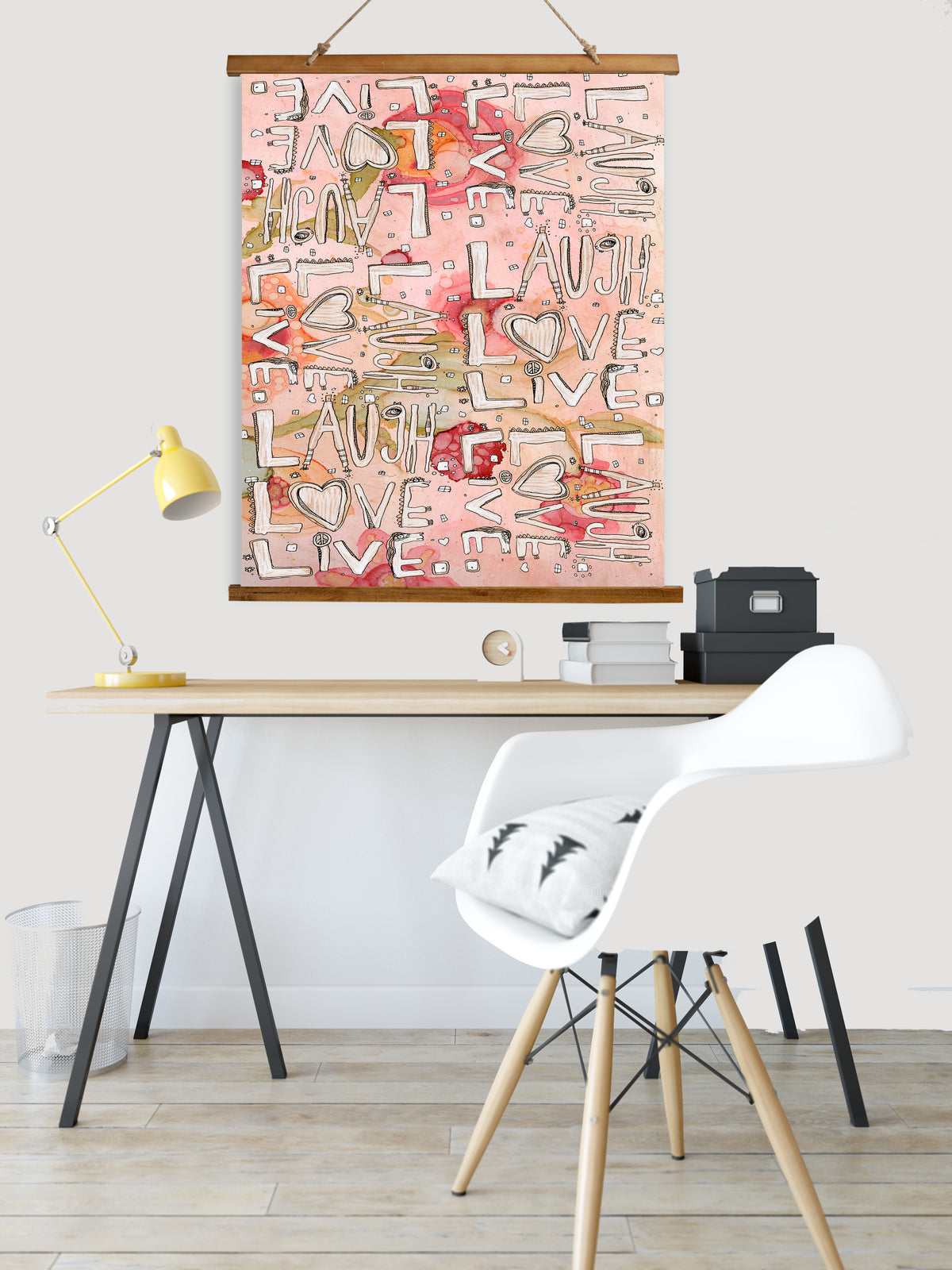 Whimsical Wood Slat Tapestry &quot;Laugh Love Live&quot;