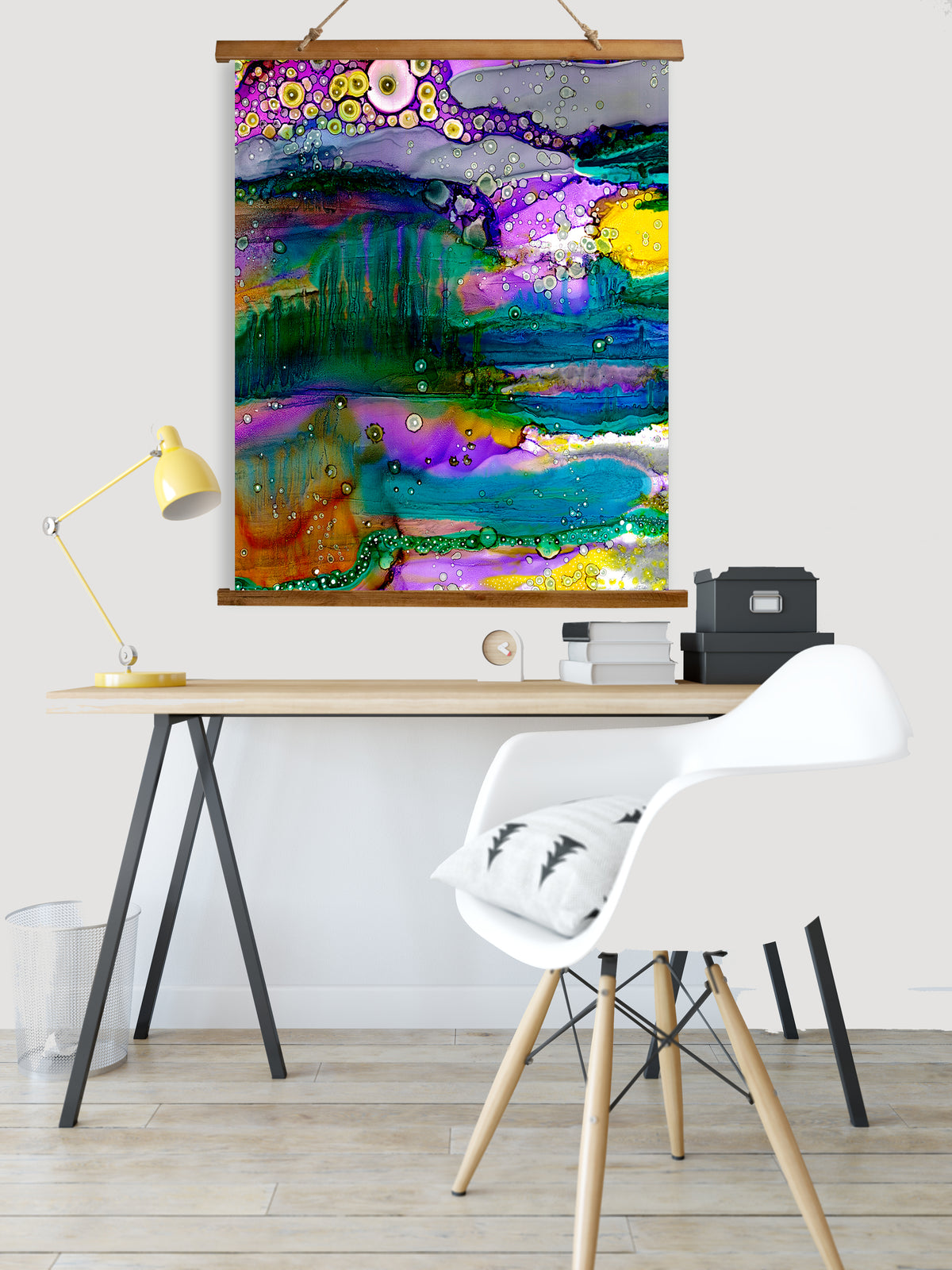 Whimsical Wood Slat Tapestry &quot;Purple Mountains&quot;