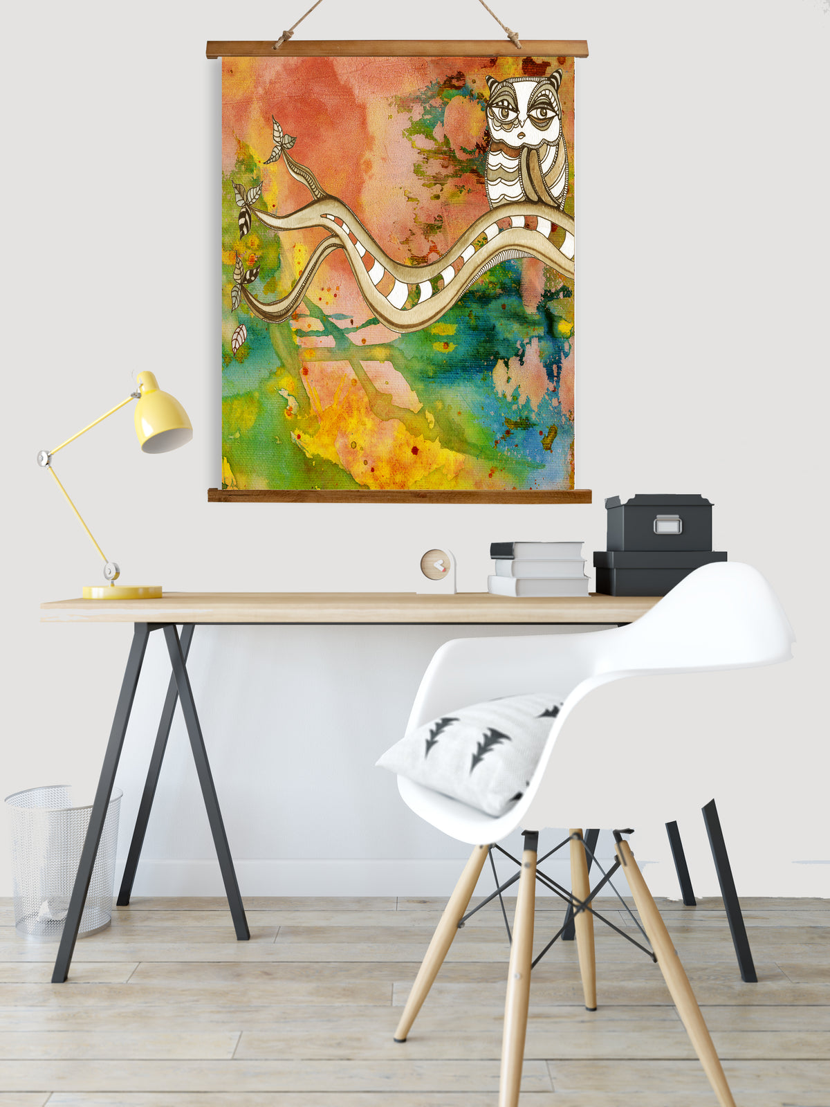 Whimsical Wood Slat Tapestry &quot;Surreal Owl 2&quot;