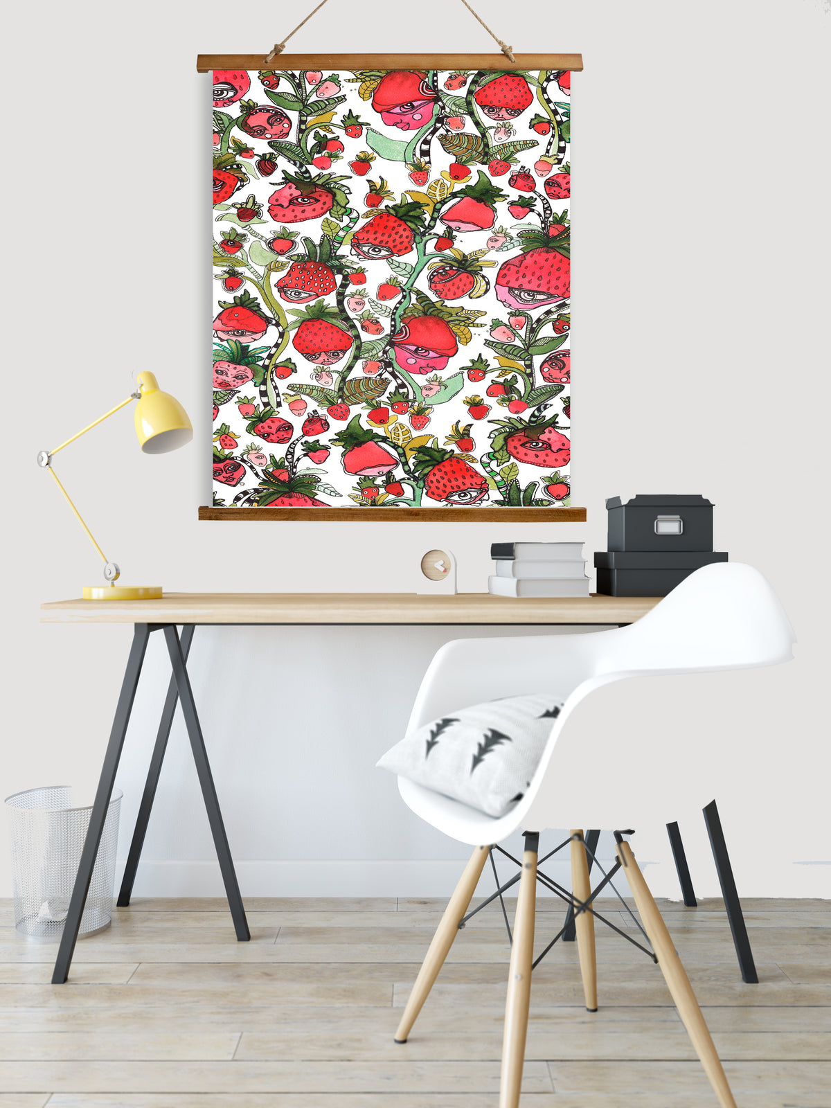 Whimsical Wood Slat Tapestry &quot;Strawberry Friends White&quot;