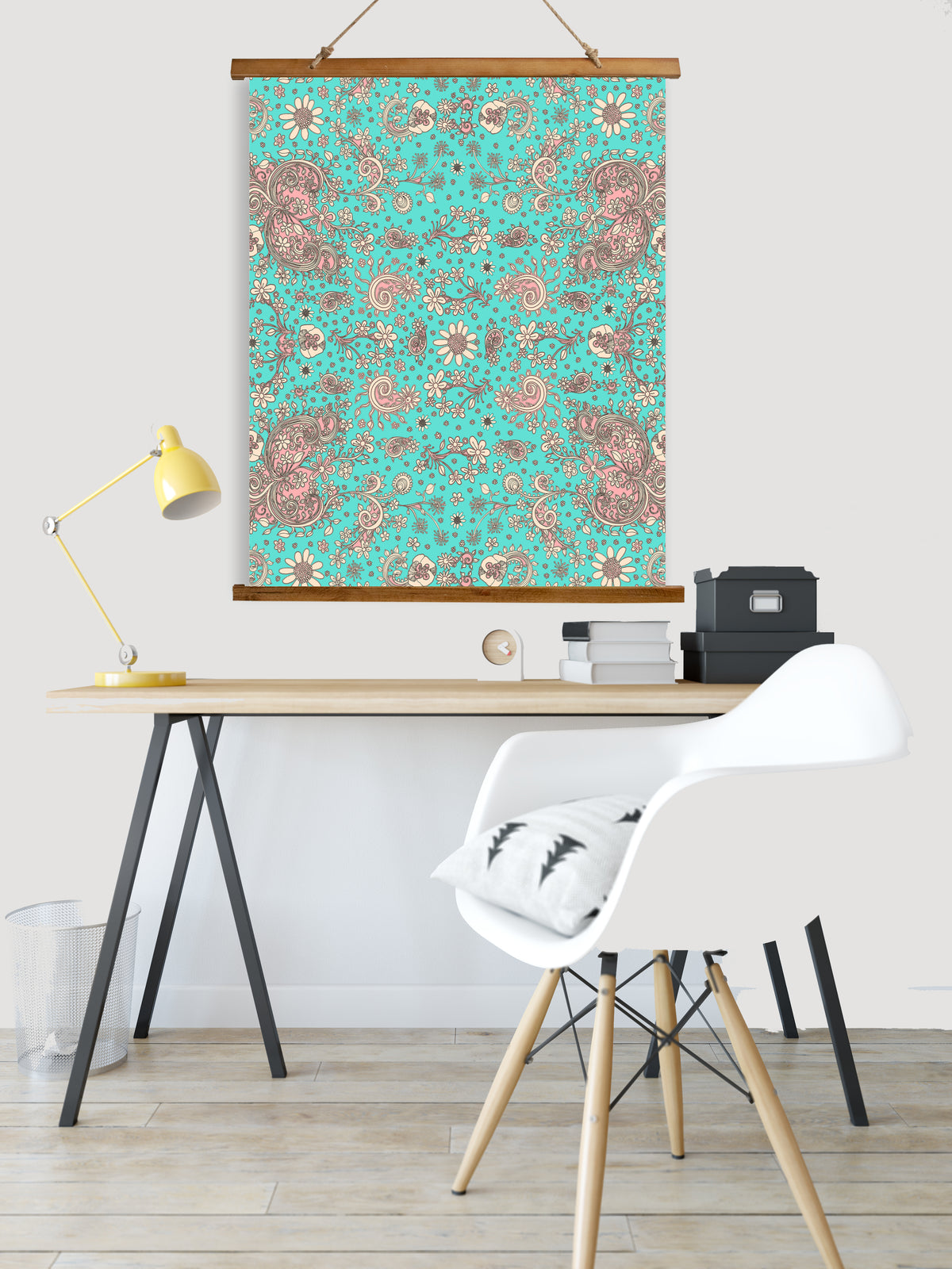 Whimsical Wood Slat Tapestry &quot;Teal Birds of a Flower&quot;