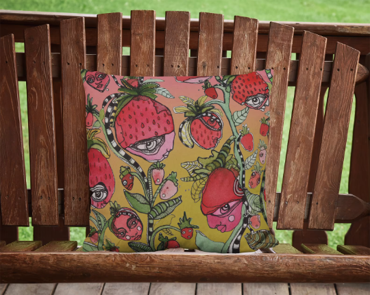 Outdoor Pillow Cushion "Strawberry Friends in green"