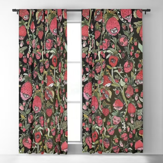 Window Curtains &quot;Strawberry Friends Black&quot;