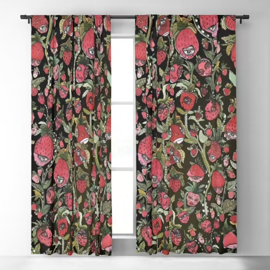 Window Curtains "Strawberry Friends Black"