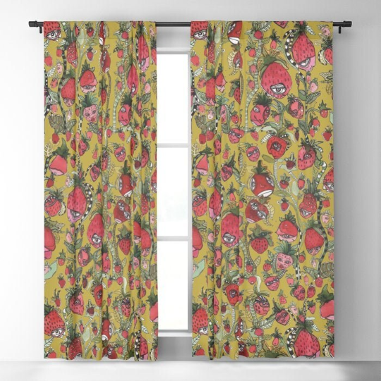 Window Curtains &quot;Strawberry Friends in Green&quot;