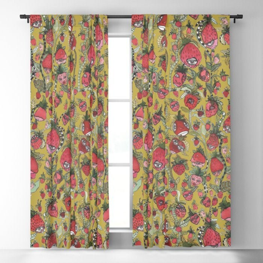 Window Curtains "Strawberry Friends in Green"