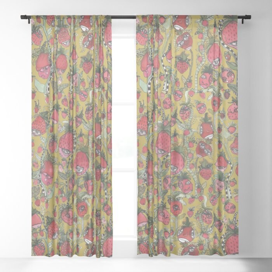 Window Curtains &quot;Strawberry Friends in Green&quot;