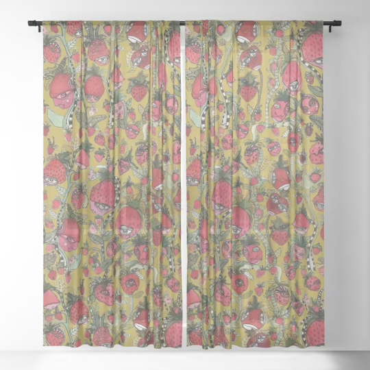 Window Curtains &quot;Strawberry Friends in Green&quot;