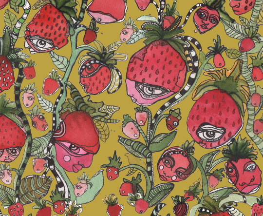 Window Curtains &quot;Strawberry Friends in Green&quot;