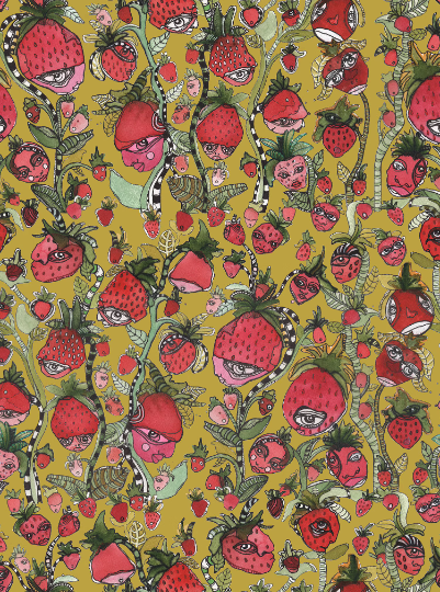 Window Curtains &quot;Strawberry Friends in Green&quot;