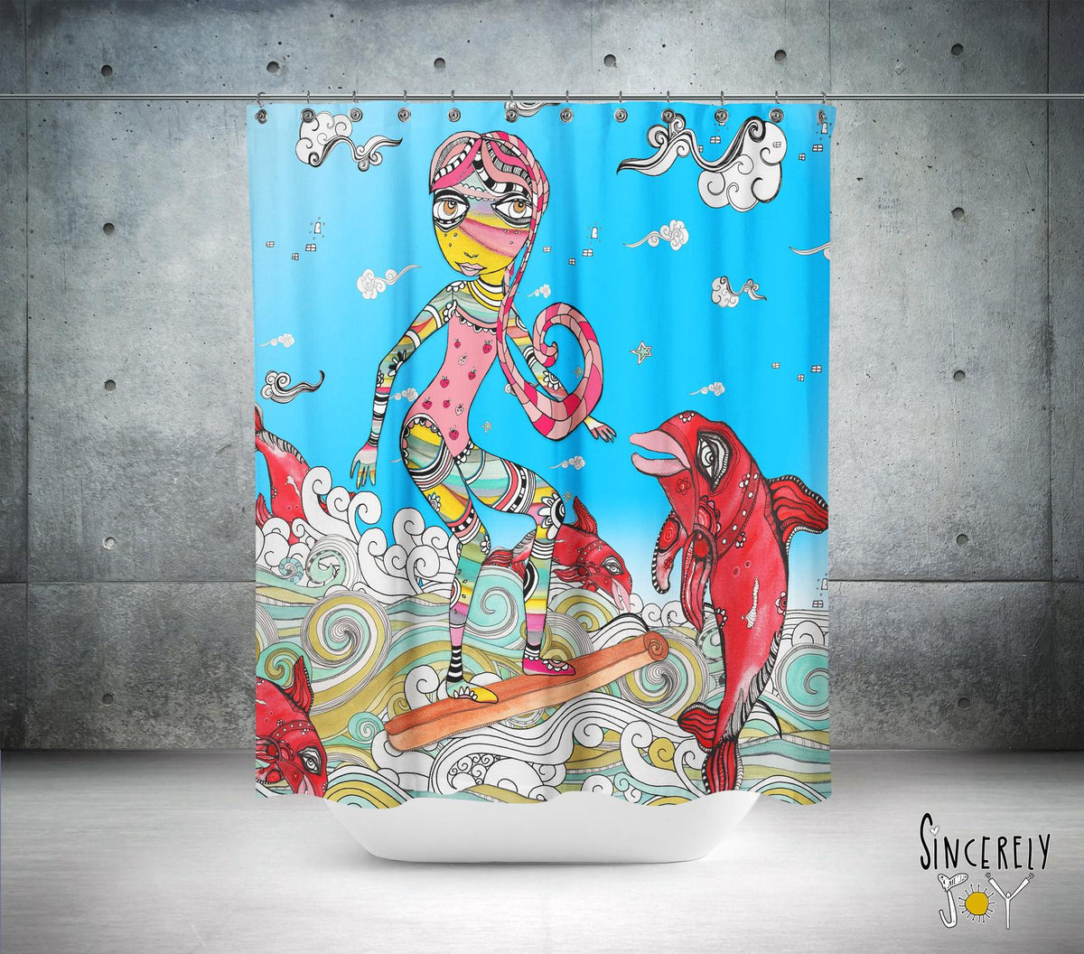 Abstract Mixed Media Shower Curtain &#39;Surfer Girl&#39;