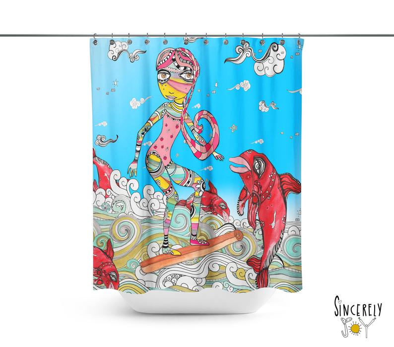 Abstract Mixed Media Shower Curtain &#39;Surfer Girl&#39;