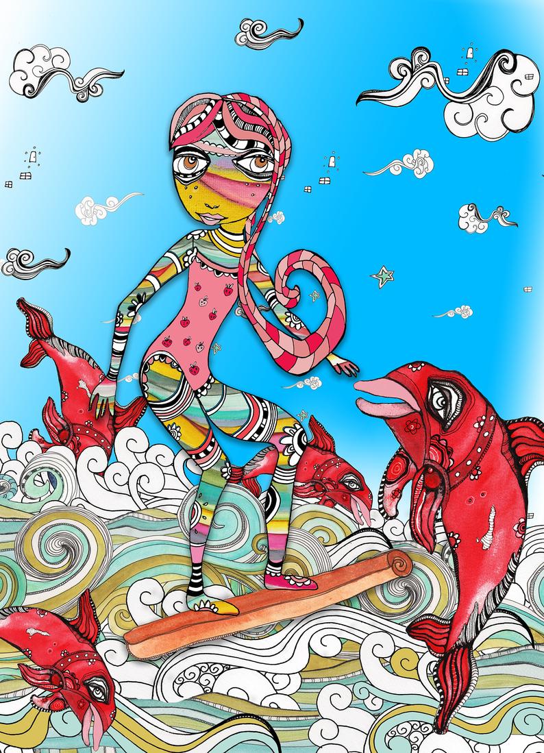 Abstract Mixed Media Shower Curtain &#39;Surfer Girl&#39;