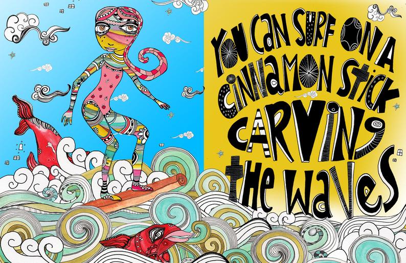 Abstract Mixed Media Shower Curtain &#39;Surfer Girl&#39;