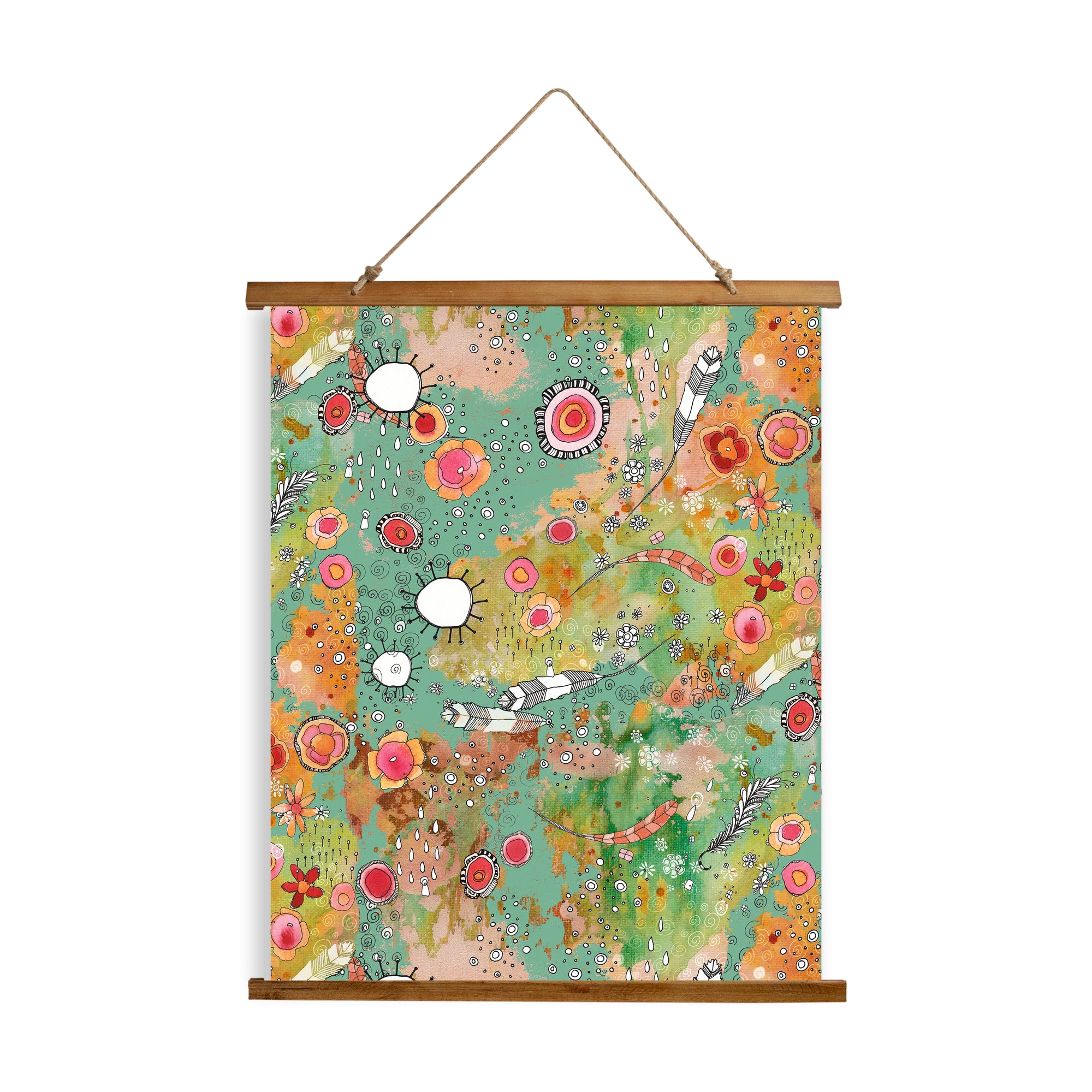 Whimsical Wood Slat Tapestry "Feathers Flowers Showers"