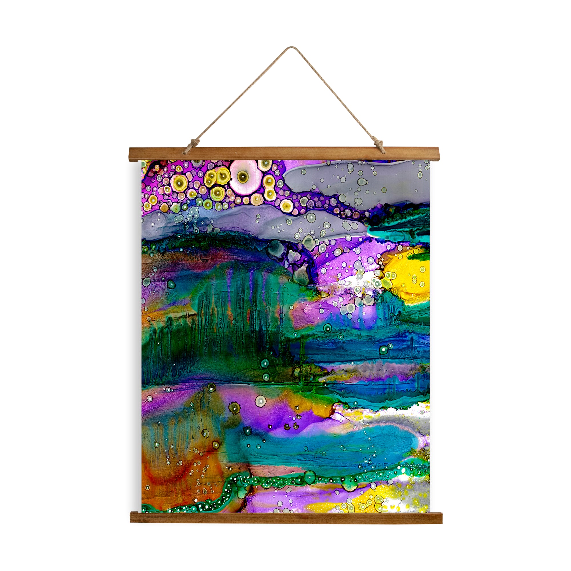 Whimsical Wood Slat Tapestry "Purple Mountains"