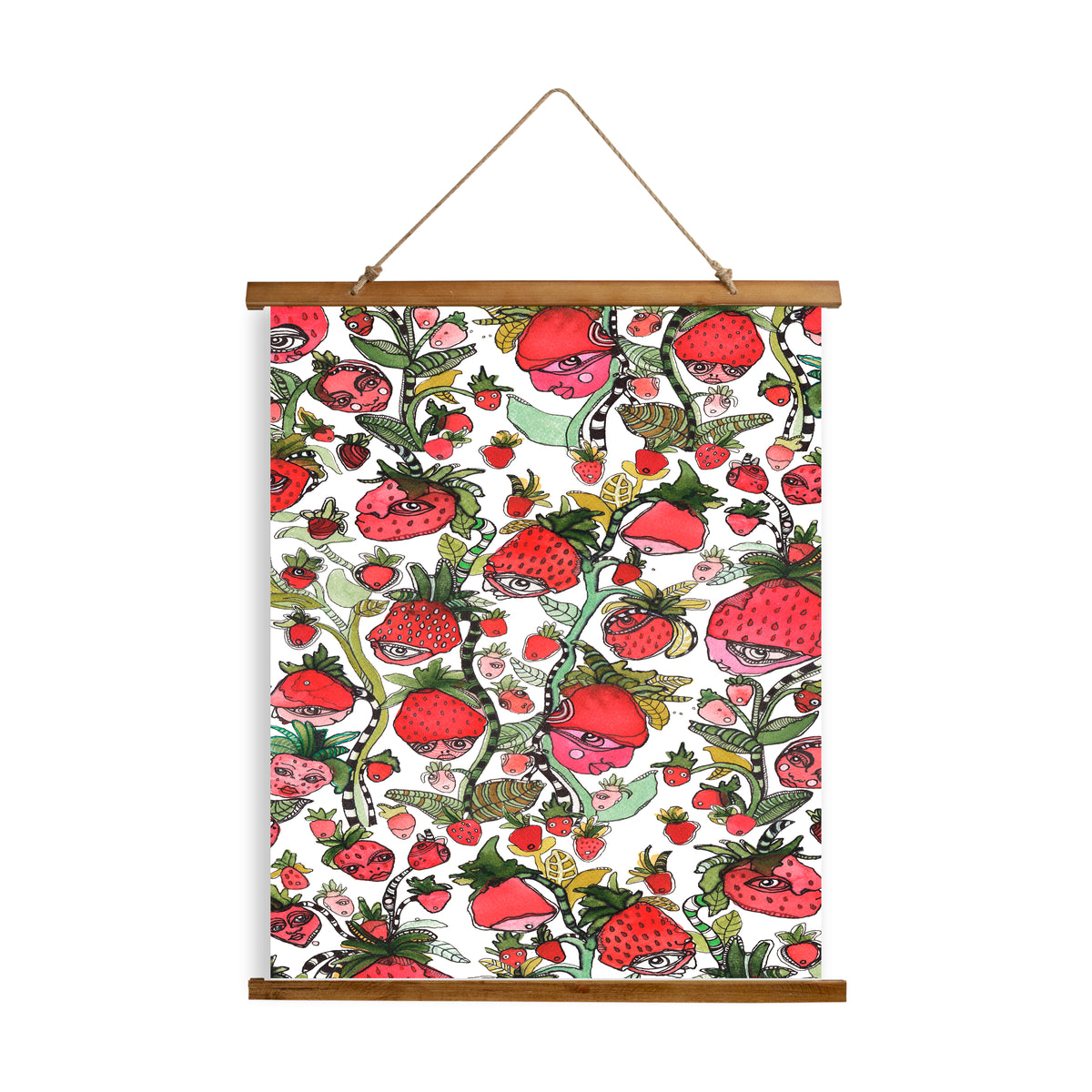 Whimsical Wood Slat Tapestry &quot;Strawberry Friends White&quot;