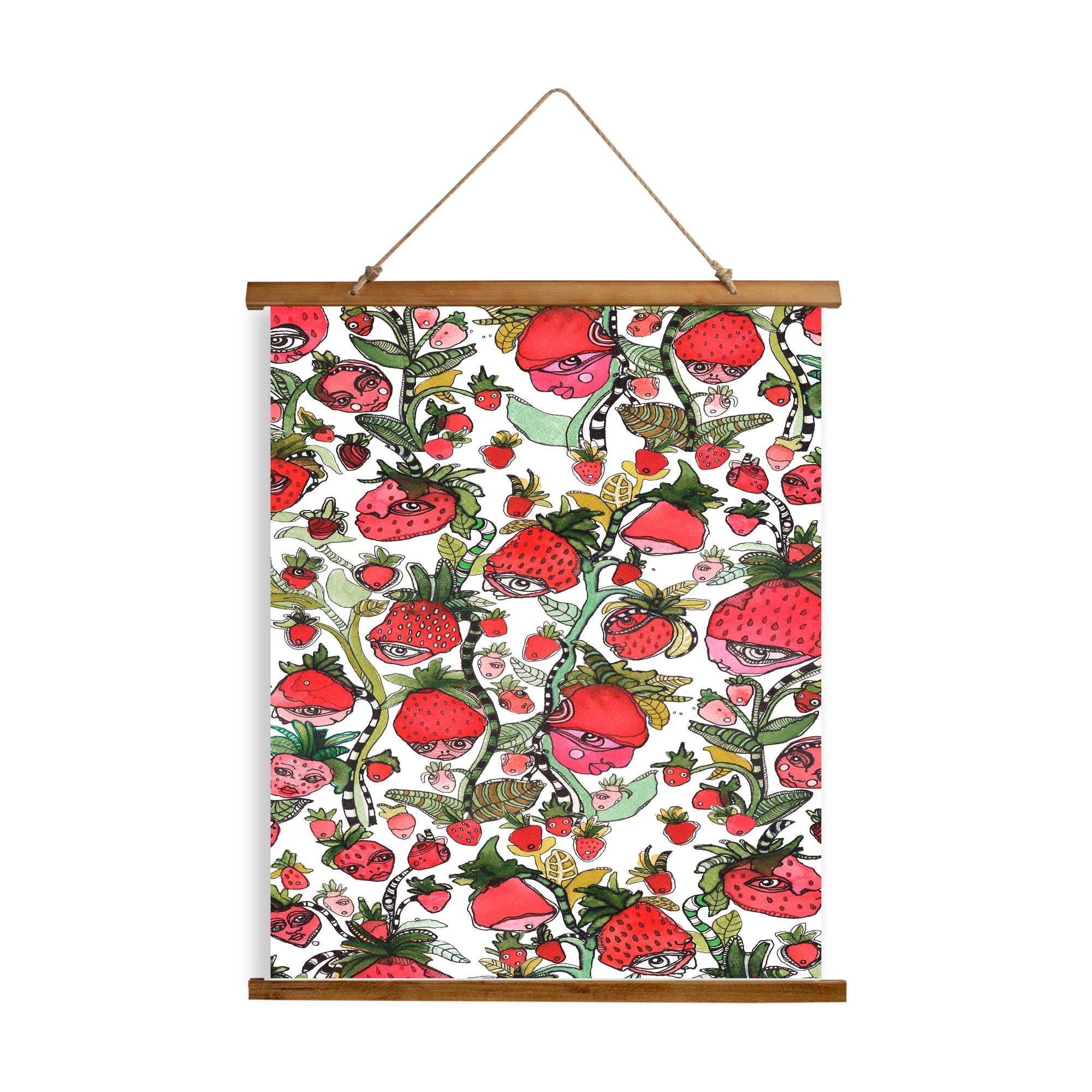Whimsical Wood Slat Tapestry "Strawberry Friends White"
