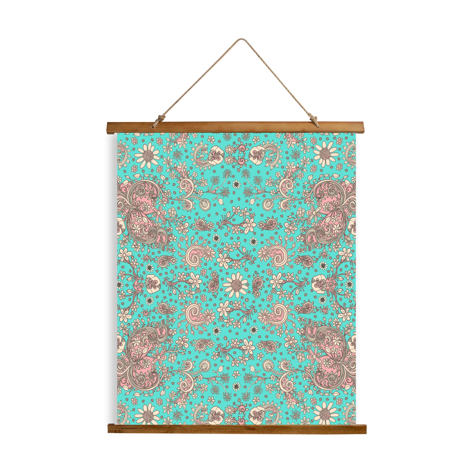 Whimsical Wood Slat Tapestry "Teal Birds of a Flower"