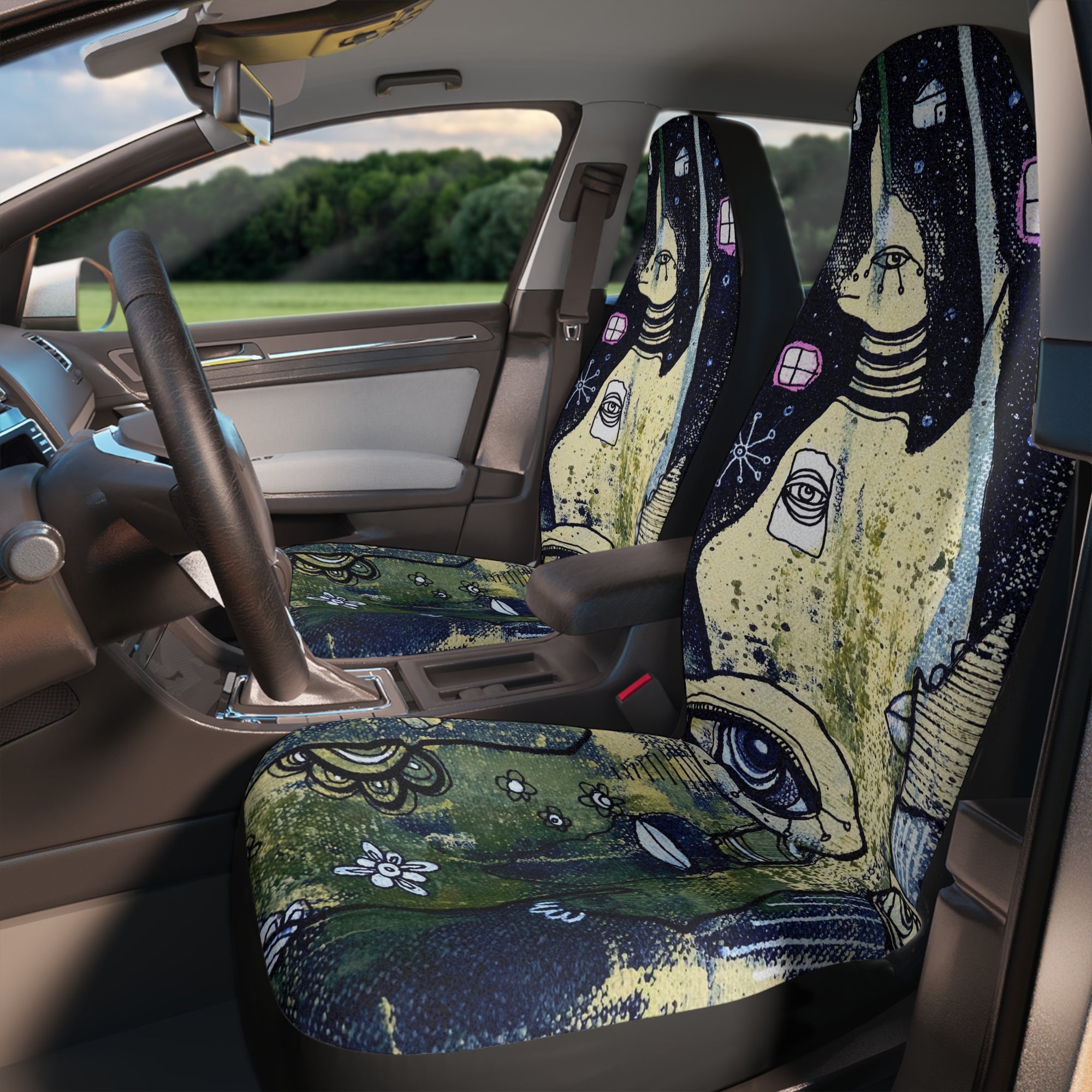 Original Intuitive Mixed Media Art on Car Seat Covers "Starry Night"