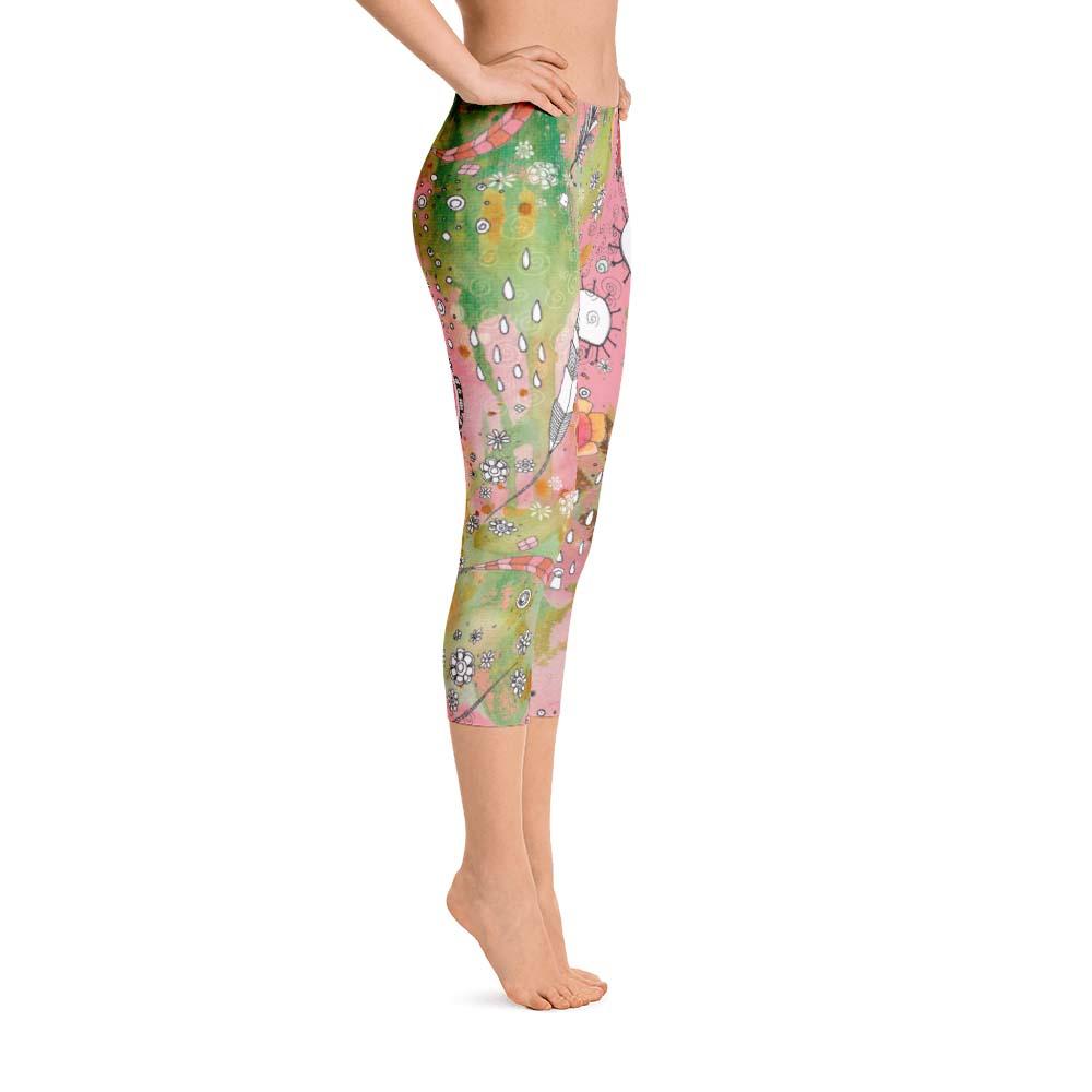 Abstract Capri leggings, Workout Pants &#39;Pink Feathers, Flowers, Showers&#39;