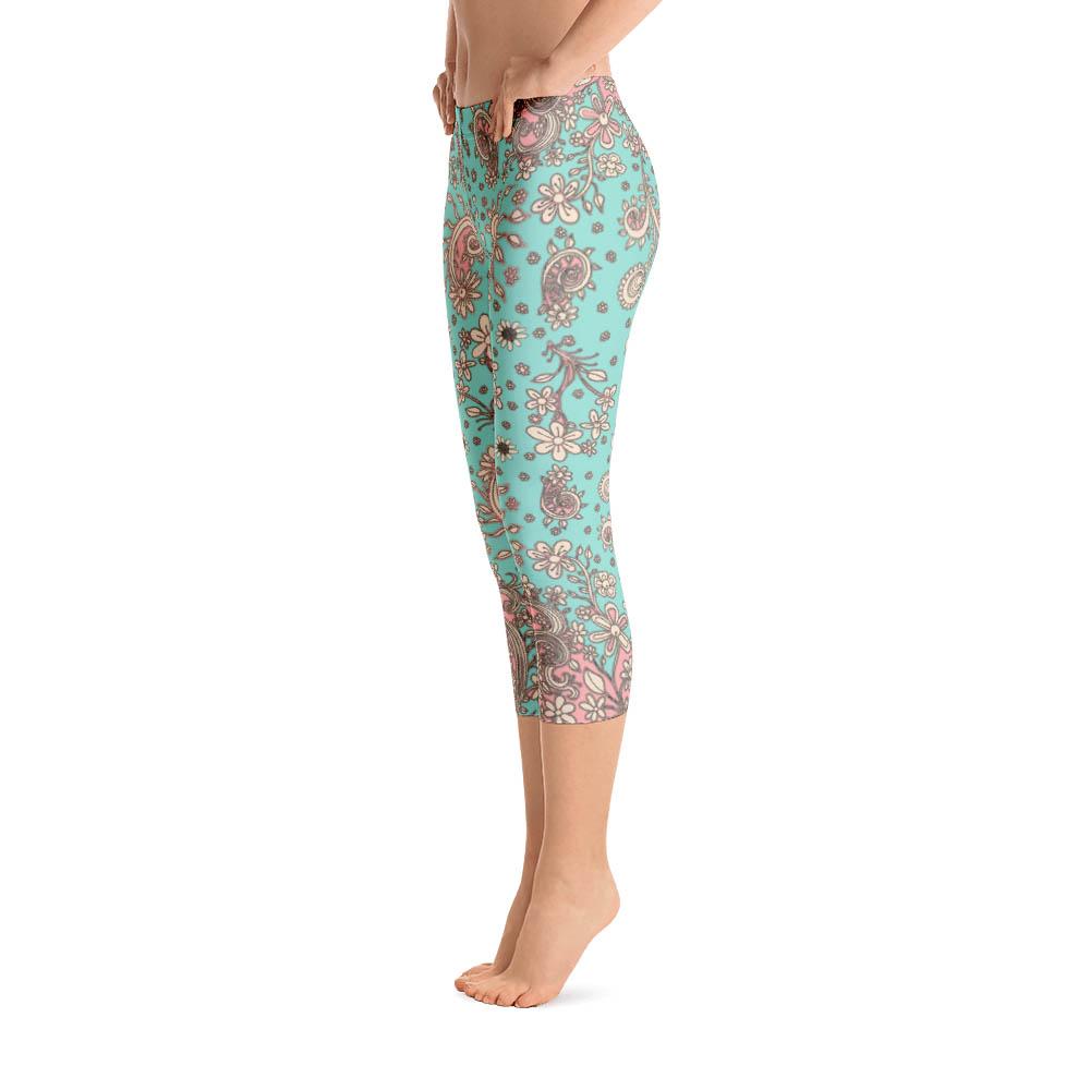 Abstract Capri leggings, Workout Pants &#39;Teal Birds of a Flower&#39;
