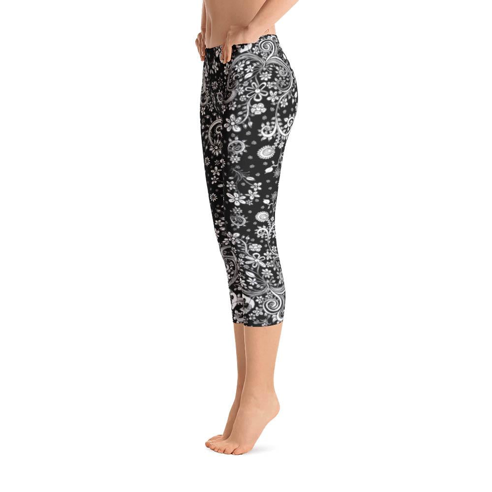 Abstract Capri leggings, Workout Pants 'Black Birds of a Flower' -  Sincerely Joy