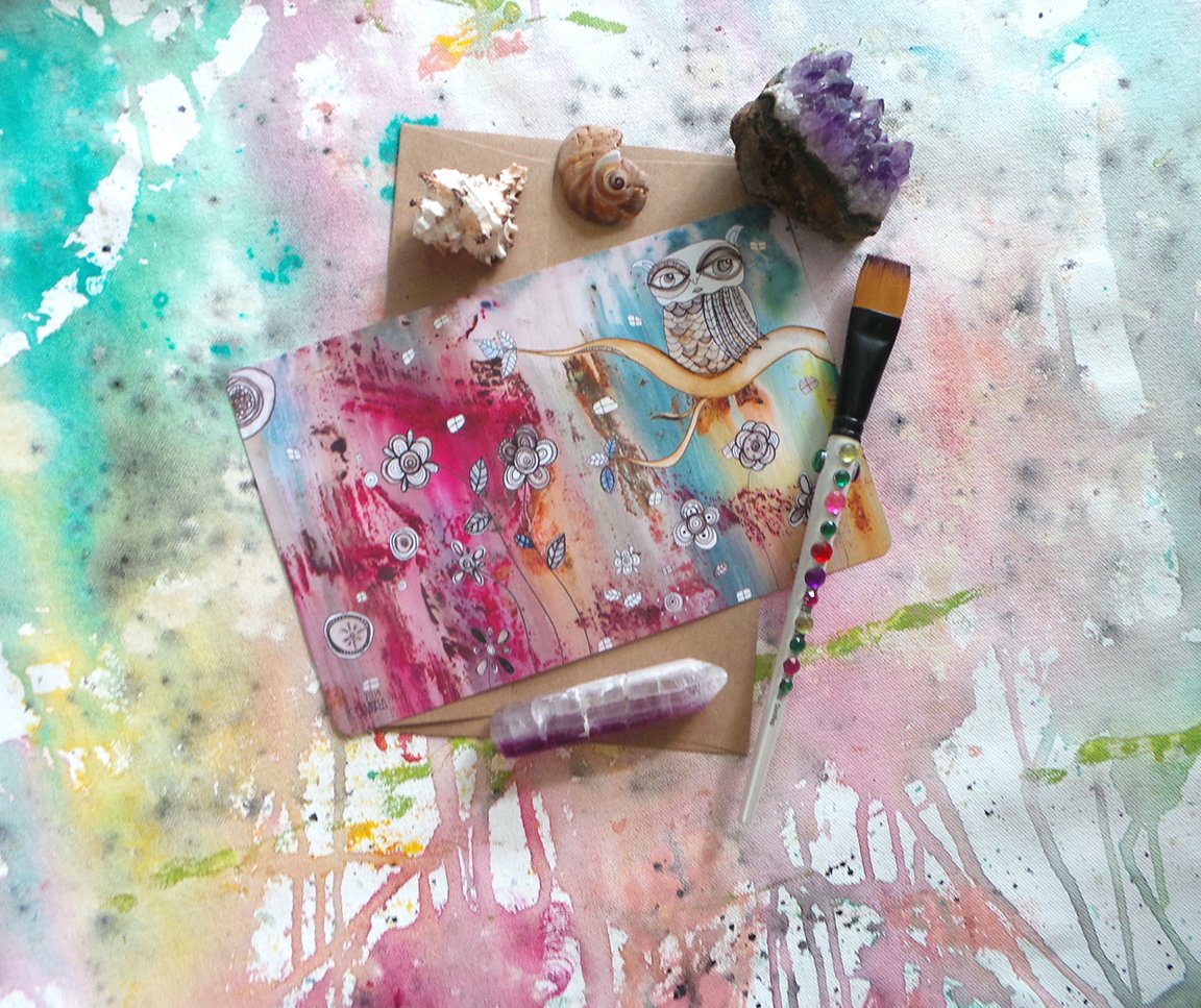 note card surreal owl painting