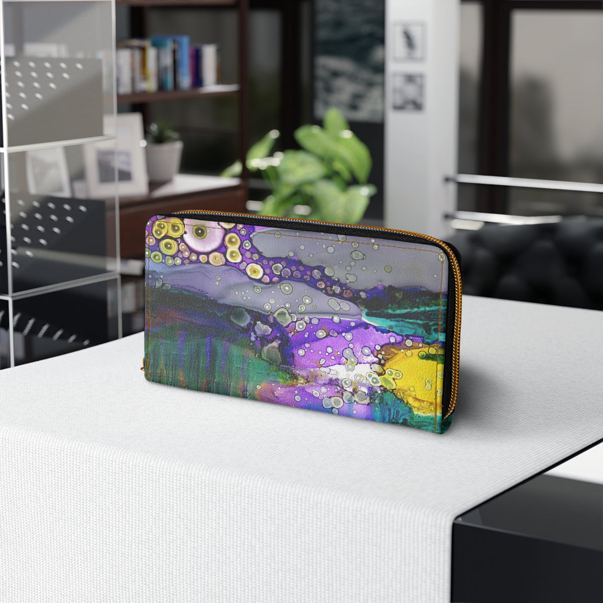 Colorful Original Abstract Organic Art on Zipper Wallet &quot;Purple Mountain&quot;