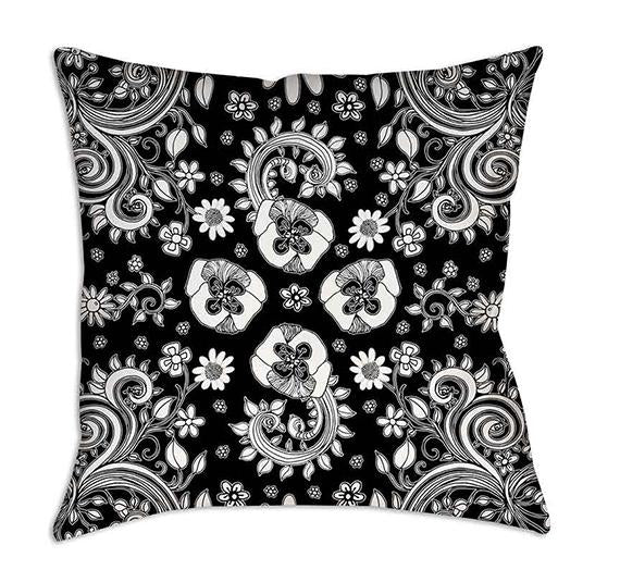 Floral throw pillow black white design illustration.