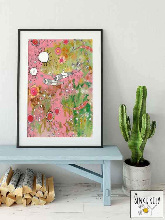 FEATHERS FLOWERS SHOWERS PINK BOHO ART PRINT DOWNLOAD