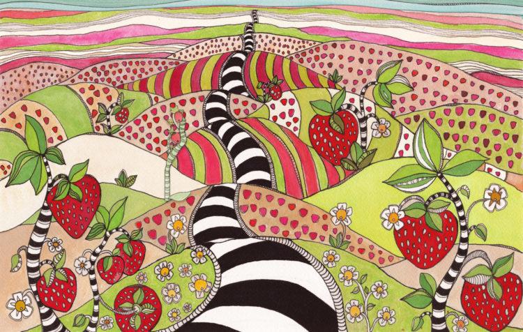 Close-up of &quot;Strawberry Beach&quot; page 1 written by Ken Block lead singer of Sister Hazel &amp; illustrated by Surreal Visionary artist C.Cambrea.