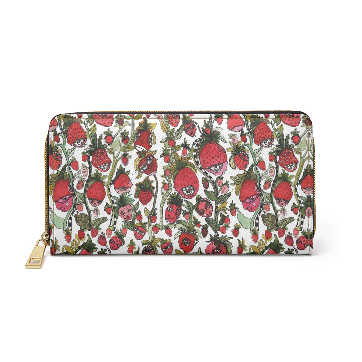 Original Strawberries Art on Zipper Wallet &quot;Strawberry Friends in white&quot;