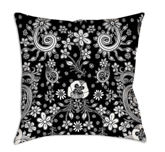 black white floral throw pillow