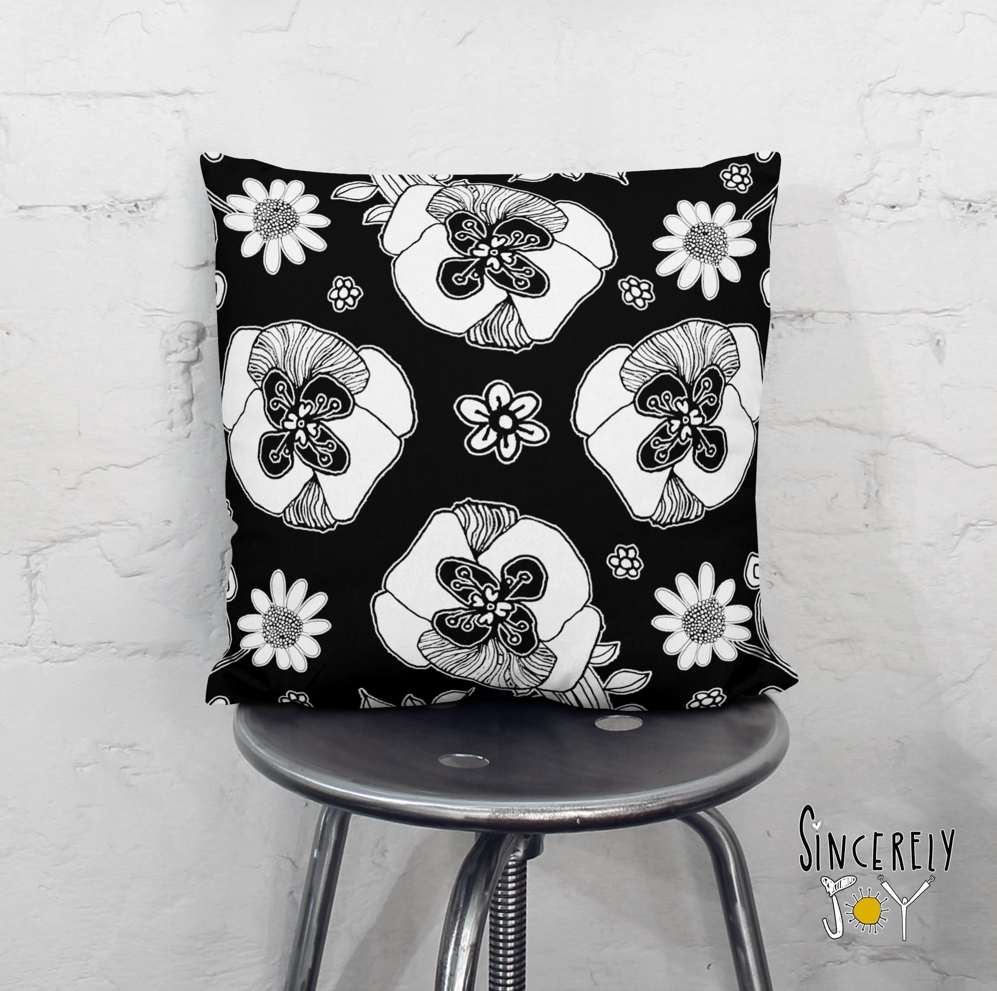 Black and white floral throw pillow